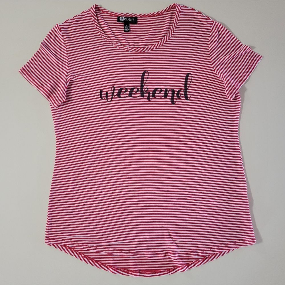 Baku Women's Red Stripe Scoop-neck Graphic Weekend Short Sleeve Pullover Top